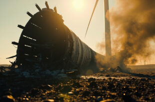 Severely damaged wind turbine with charred nacelle and broken blades amid scattered debris in rural wind farm landscape