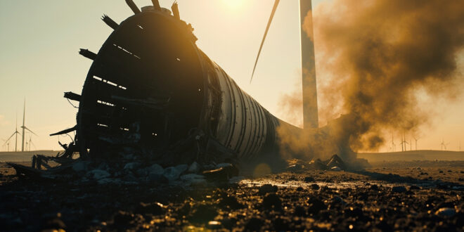 Severely damaged wind turbine with charred nacelle and broken blades amid scattered debris in rural wind farm landscape