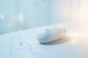 Medical therapy device with cables on clean surface, surrounded by soft blue and amber lighting.