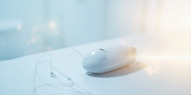 Medical therapy device with cables on clean surface, surrounded by soft blue and amber lighting.