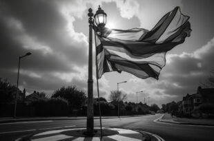 Red and white St George's flag flying on lamppost above painted mini roundabout on empty residential street