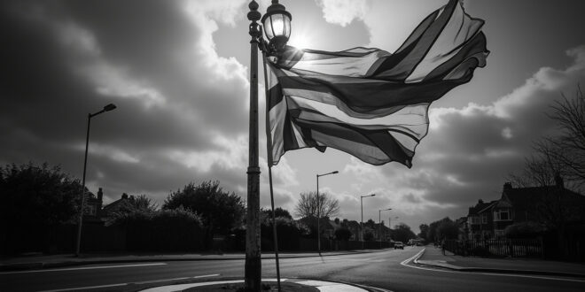 Red and white St George's flag flying on lamppost above painted mini roundabout on empty residential street