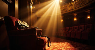 Antique film reels rest on velvet chair in deserted vintage cinema lobby with ornate empty theater seats under spotlight