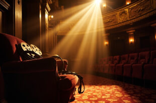 Antique film reels rest on velvet chair in deserted vintage cinema lobby with ornate empty theater seats under spotlight