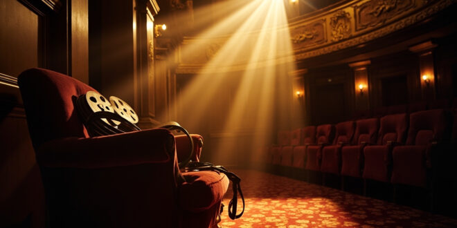 Antique film reels rest on velvet chair in deserted vintage cinema lobby with ornate empty theater seats under spotlight