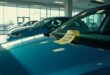 Volkswagen vehicles with rising price tags displayed on windshields in an empty car dealership showroom