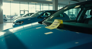 Volkswagen vehicles with rising price tags displayed on windshields in an empty car dealership showroom