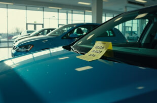 Volkswagen vehicles with rising price tags displayed on windshields in an empty car dealership showroom