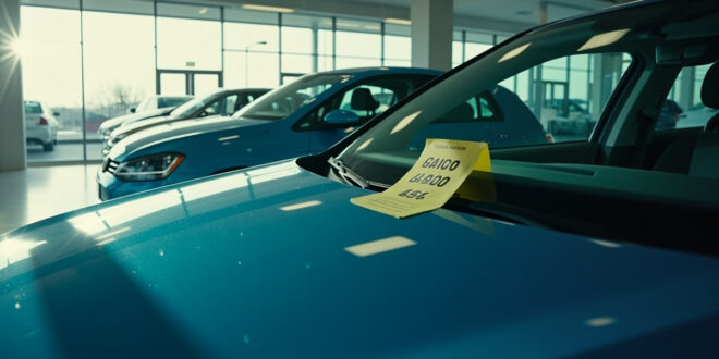 Volkswagen vehicles with rising price tags displayed on windshields in an empty car dealership showroom