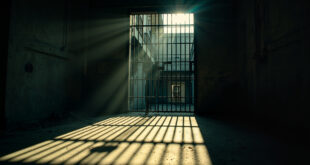 Empty maximum security prison cell with metal fixtures and barred door casting shadows in abandoned corridor