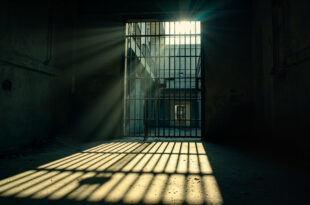 Empty maximum security prison cell with metal fixtures and barred door casting shadows in abandoned corridor