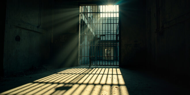 Empty maximum security prison cell with metal fixtures and barred door casting shadows in abandoned corridor
