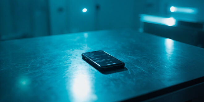 Smartphone displaying call logs as digital evidence in a sterile forensic laboratory under cold blue lighting