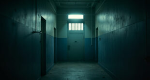 Abandoned maximum security prison corridor with locked steel cell door, harsh lighting and deep shadows