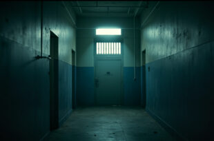 Abandoned maximum security prison corridor with locked steel cell door, harsh lighting and deep shadows