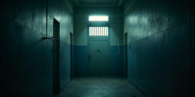 Abandoned maximum security prison corridor with locked steel cell door, harsh lighting and deep shadows