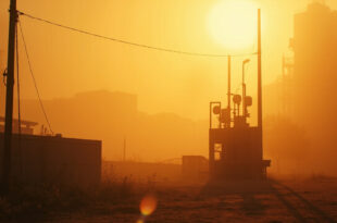 Atmospheric monitoring equipment measuring ozone levels in empty urban landscape under intense summer heat with smoggy sky