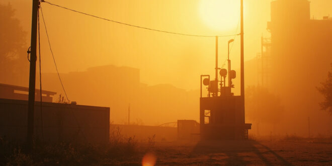 Atmospheric monitoring equipment measuring ozone levels in empty urban landscape under intense summer heat with smoggy sky