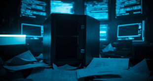 Empty safe with scattered documents and glowing computer screens in dark room