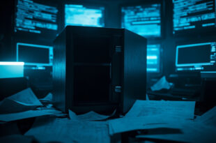 Empty safe with scattered documents and glowing computer screens in dark room
