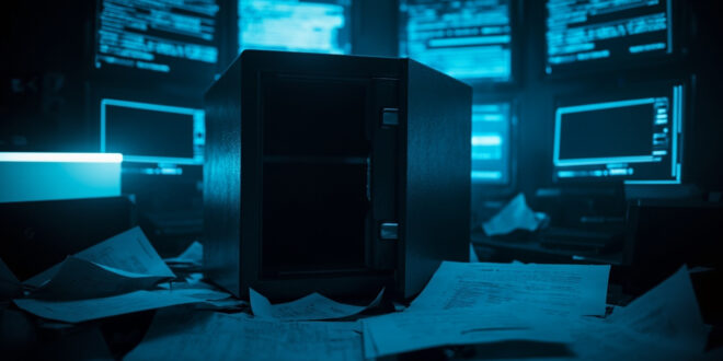 Empty safe with scattered documents and glowing computer screens in dark room