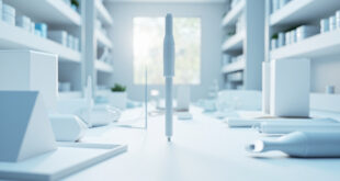 Medical injection pen device on clean pharmacy counter with white shelving and pharmaceutical supplies in background