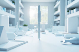 Medical injection pen device on clean pharmacy counter with white shelving and pharmaceutical supplies in background