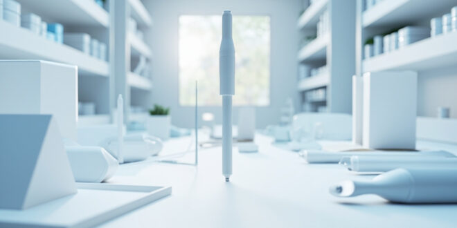 Medical injection pen device on clean pharmacy counter with white shelving and pharmaceutical supplies in background