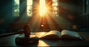 Empty wooden gavel and open book in abandoned courtroom at dawn, bathed in deep blue and golden light.