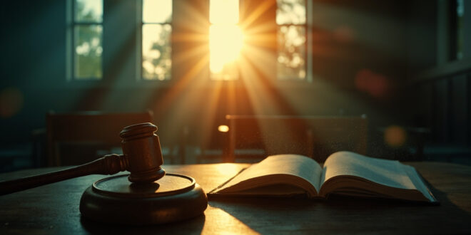 Empty wooden gavel and open book in abandoned courtroom at dawn, bathed in deep blue and golden light.