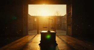 Empty scales of justice tilting on abandoned judge's bench at dusk, with view of vacant prison courtyard through open gates