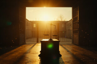 Empty scales of justice tilting on abandoned judge's bench at dusk, with view of vacant prison courtyard through open gates