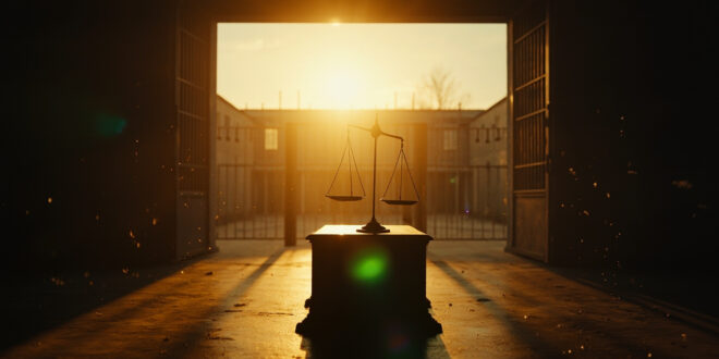 Empty scales of justice tilting on abandoned judge's bench at dusk, with view of vacant prison courtyard through open gates