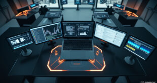 Digital forensics workspace with multiple computer screens and an open laptop displaying data visualization interfaces for evidence tracking.