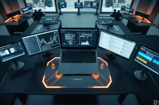 Digital forensics workspace with multiple computer screens and an open laptop displaying data visualization interfaces for evidence tracking.