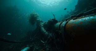Damaged underwater pipeline on ocean floor with debris and twisted metal sections scattered around