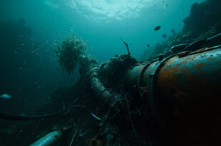 Damaged underwater pipeline on ocean floor with debris and twisted metal sections scattered around
