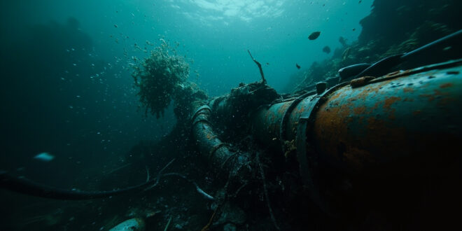 Damaged underwater pipeline on ocean floor with debris and twisted metal sections scattered around