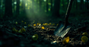 Police evidence markers and investigation tools scattered around disturbed soil in dark wooded area