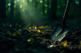 Police evidence markers and investigation tools scattered around disturbed soil in dark wooded area