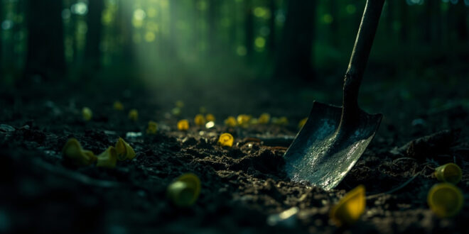 Police evidence markers and investigation tools scattered around disturbed soil in dark wooded area
