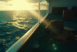 Empty cruise ship balcony at dawn with abandoned sandals and clothing, overlooking a dark ocean