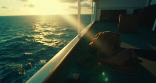 Empty cruise ship balcony at dawn with abandoned sandals and clothing, overlooking a dark ocean