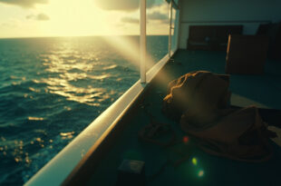 Empty cruise ship balcony at dawn with abandoned sandals and clothing, overlooking a dark ocean