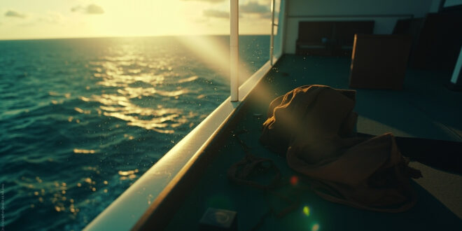 Empty cruise ship balcony at dawn with abandoned sandals and clothing, overlooking a dark ocean