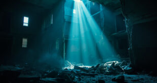 Partially collapsed apartment building with broken windows and scattered debris at dawn, illuminated in gray and blue
