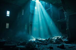 Partially collapsed apartment building with broken windows and scattered debris at dawn, illuminated in gray and blue
