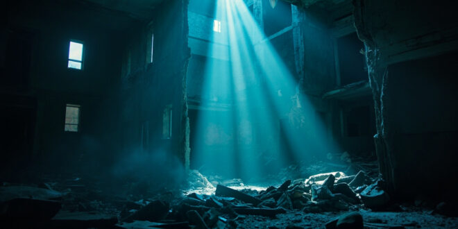Partially collapsed apartment building with broken windows and scattered debris at dawn, illuminated in gray and blue