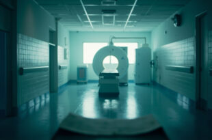 Empty hospital corridor with abandoned medical chart on examination table and MRI scanner in sterile examination room