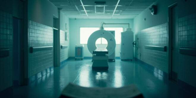 Empty hospital corridor with abandoned medical chart on examination table and MRI scanner in sterile examination room